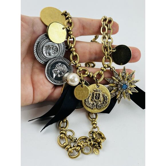 J.Crew Coin Charm Necklace Crystal Star Black Chunky Gold Heavy Rare Unique Disc - Picture 5 of 16